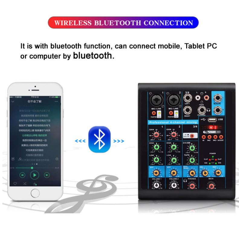 Mini 4 Channel USB Audio Mixer Console With Bluetooth